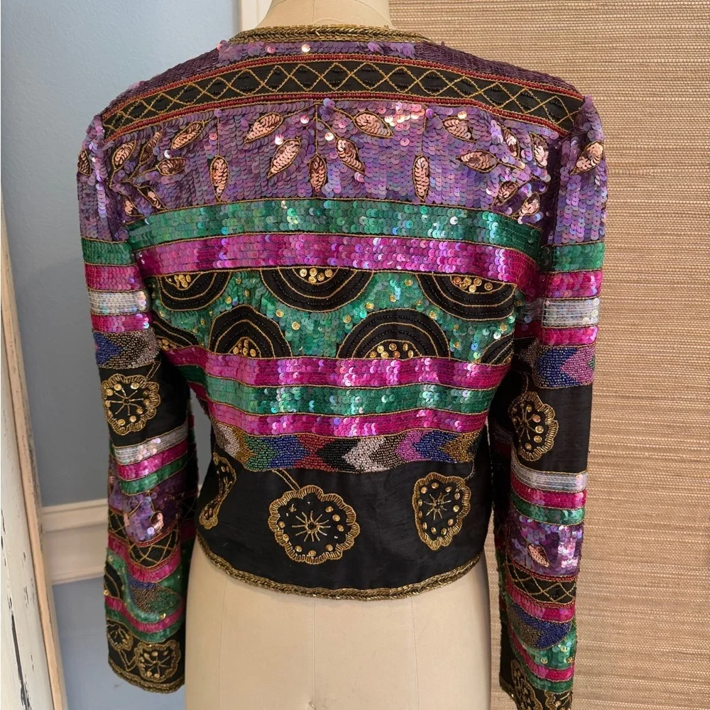Colorful Vintage Embellished Silk Beaded Women's Jacket - Picture 3 of 8
